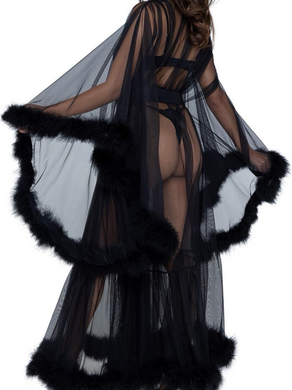Roma Sheer Black Marabou-Trim Long Robe with Satin Tie - Picture 2 of 8